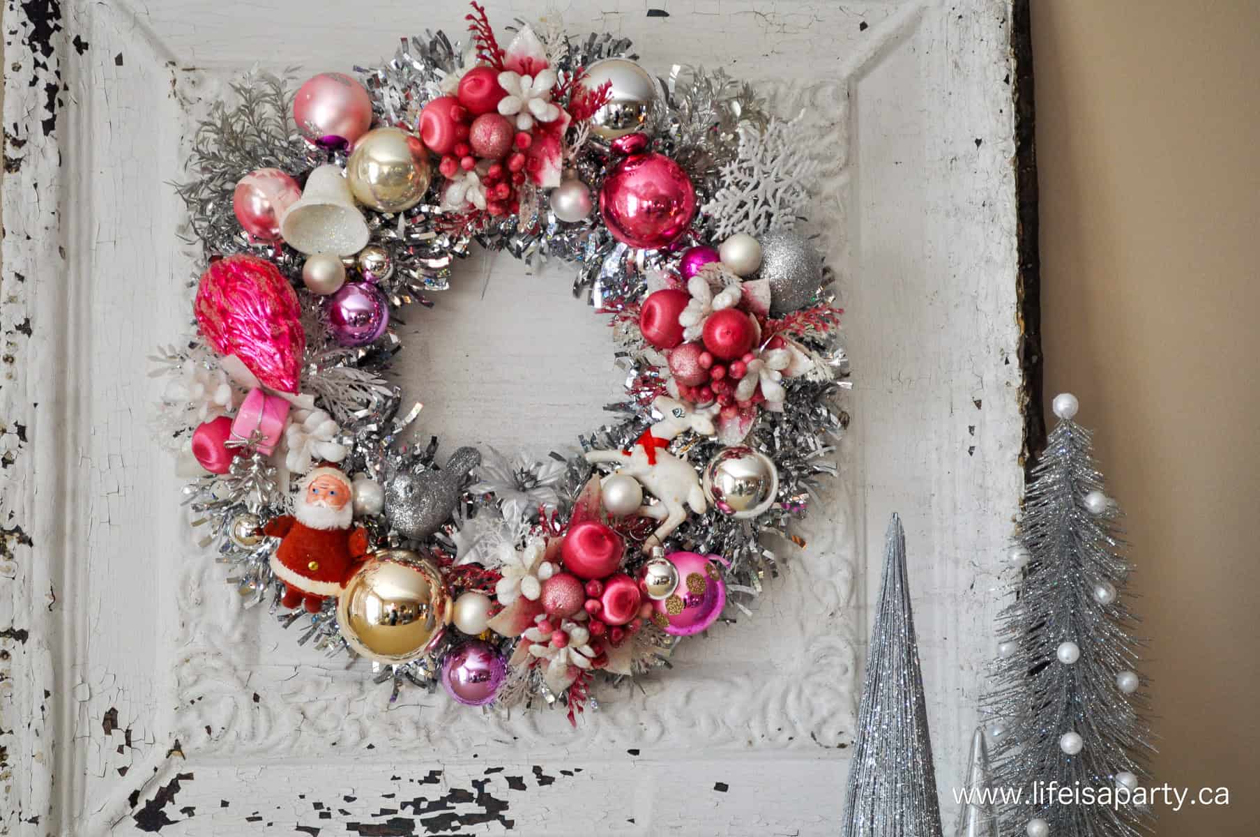 Christmas wreath with vintage Christmas ornaments.