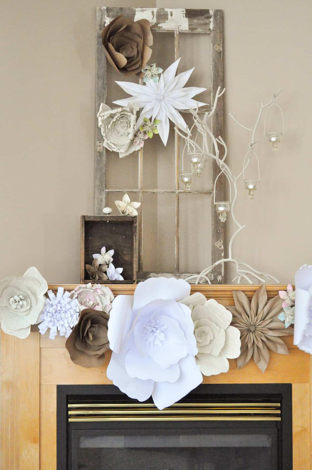 Giant paper flower fireplace mantel decoration.