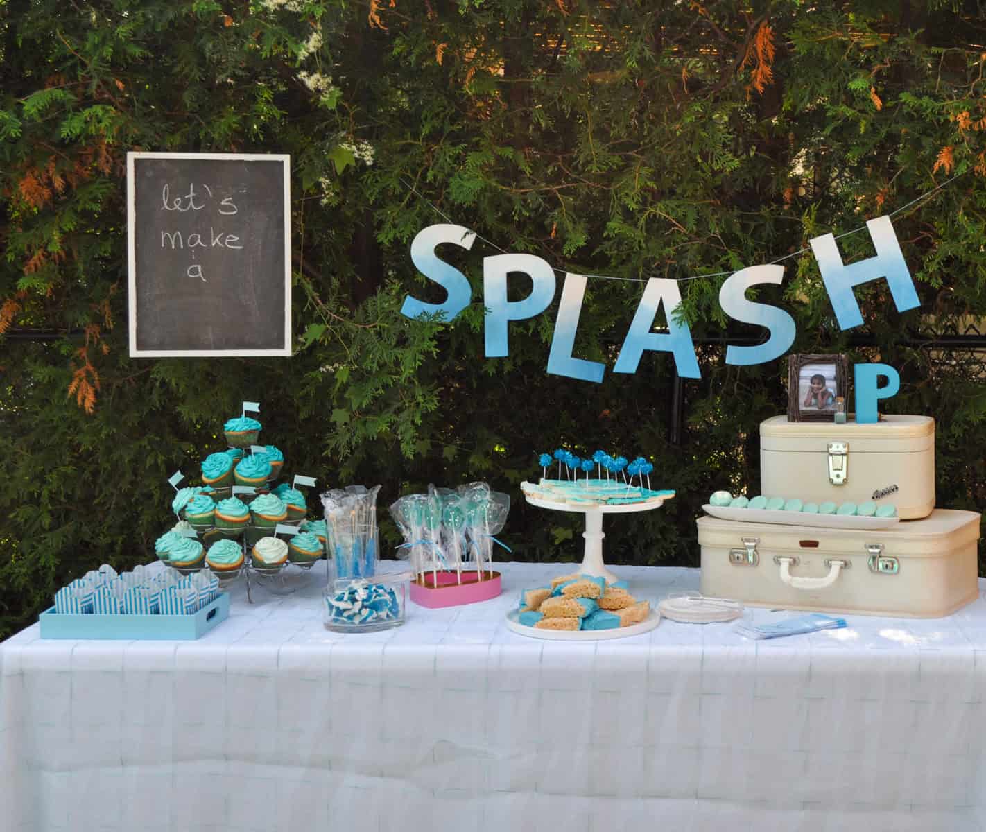 Pool party dessert table, favours, and activity ideas.