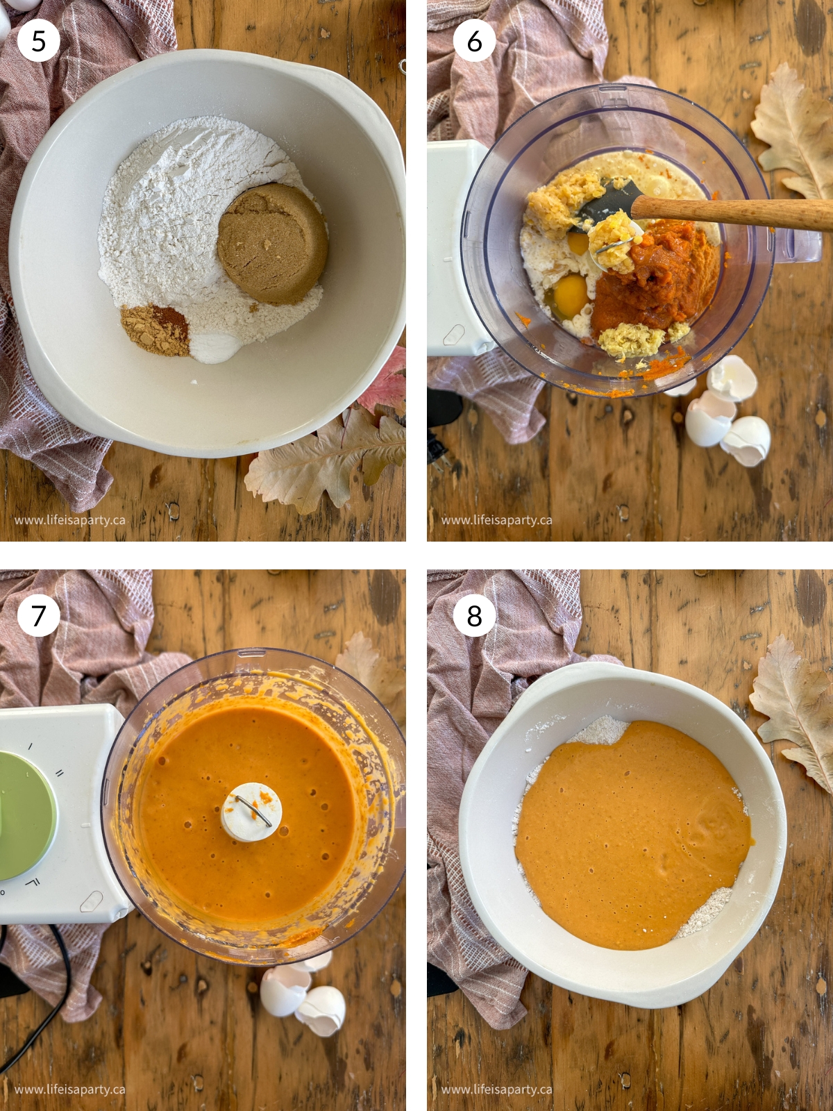 Dry ingredients for pumpkin loaf in a bowl and wet ingredients in a. food processor.