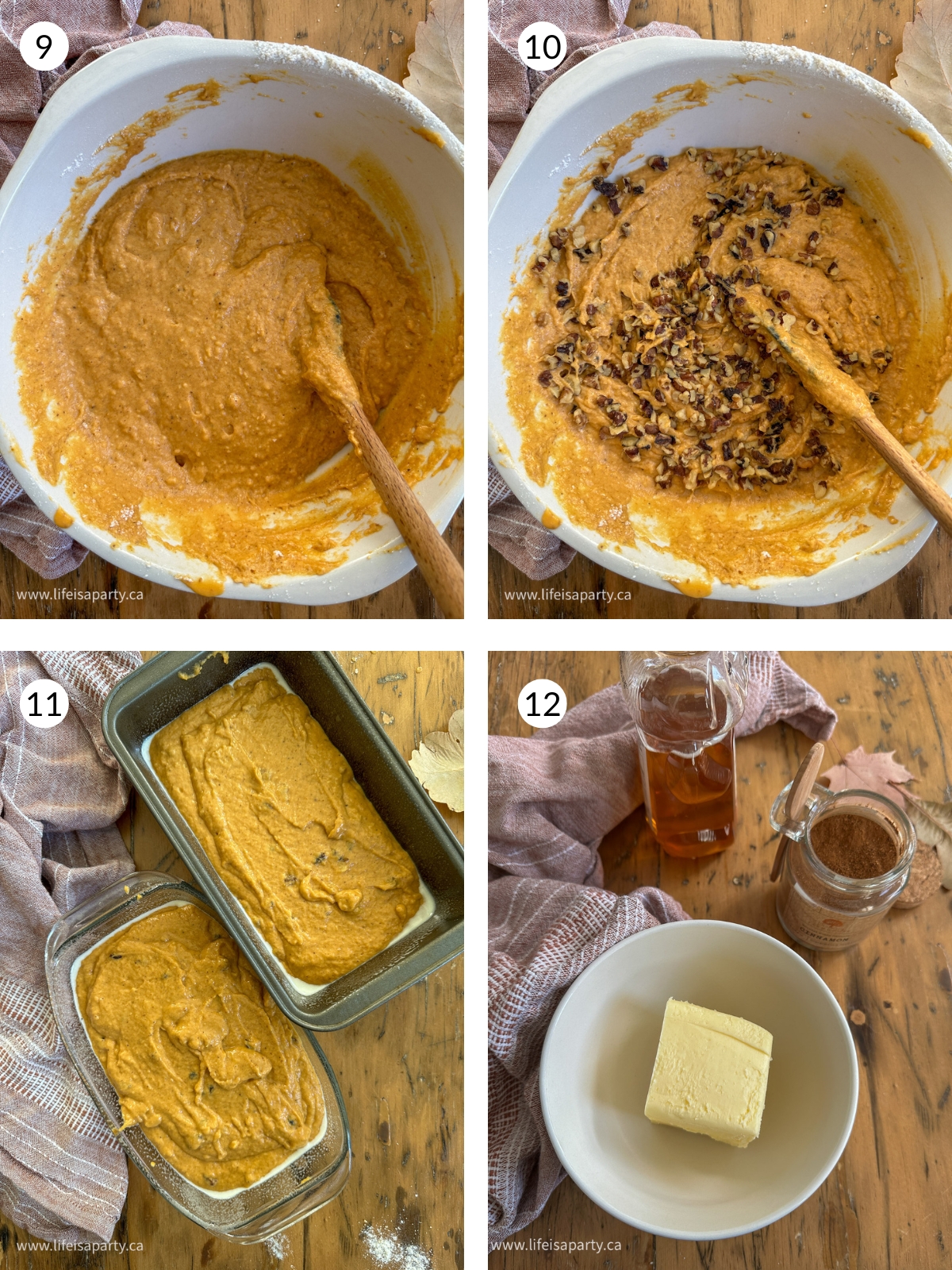 Making the pumpkin loaf batter and pouring into the loaf pan to bake.