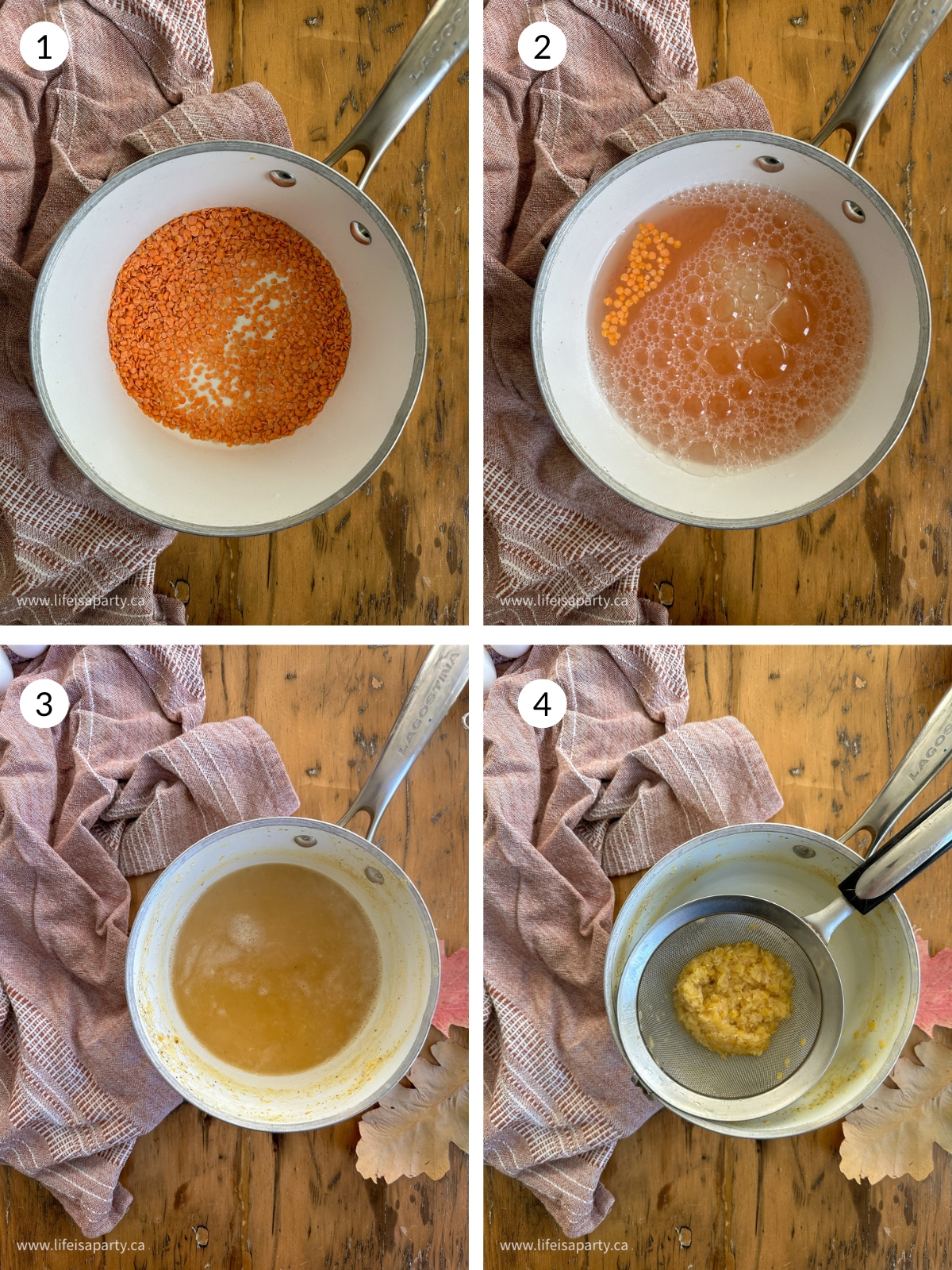 Cooking red lentils in a white pot.