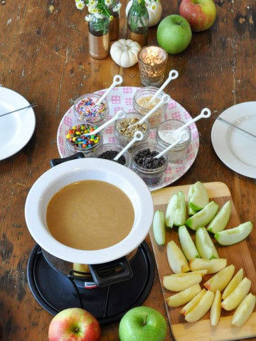 Caramel apple fondue recipe and topping ideas.