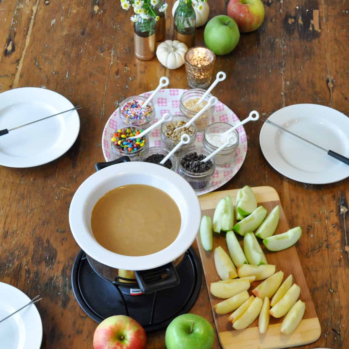 Caramel apple fondue recipe and topping ideas.