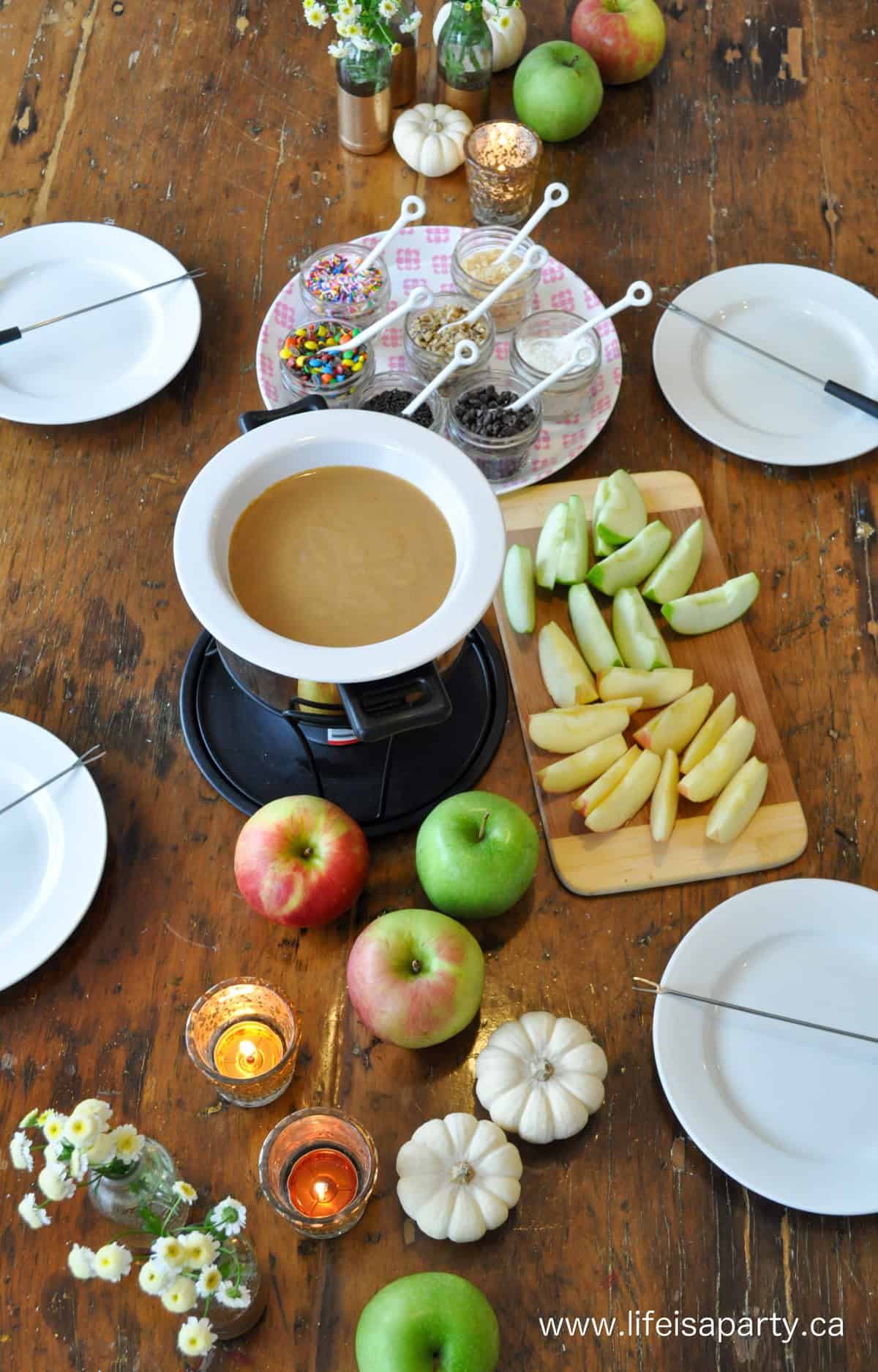 Caramel apple fondue recipe and topping ideas.