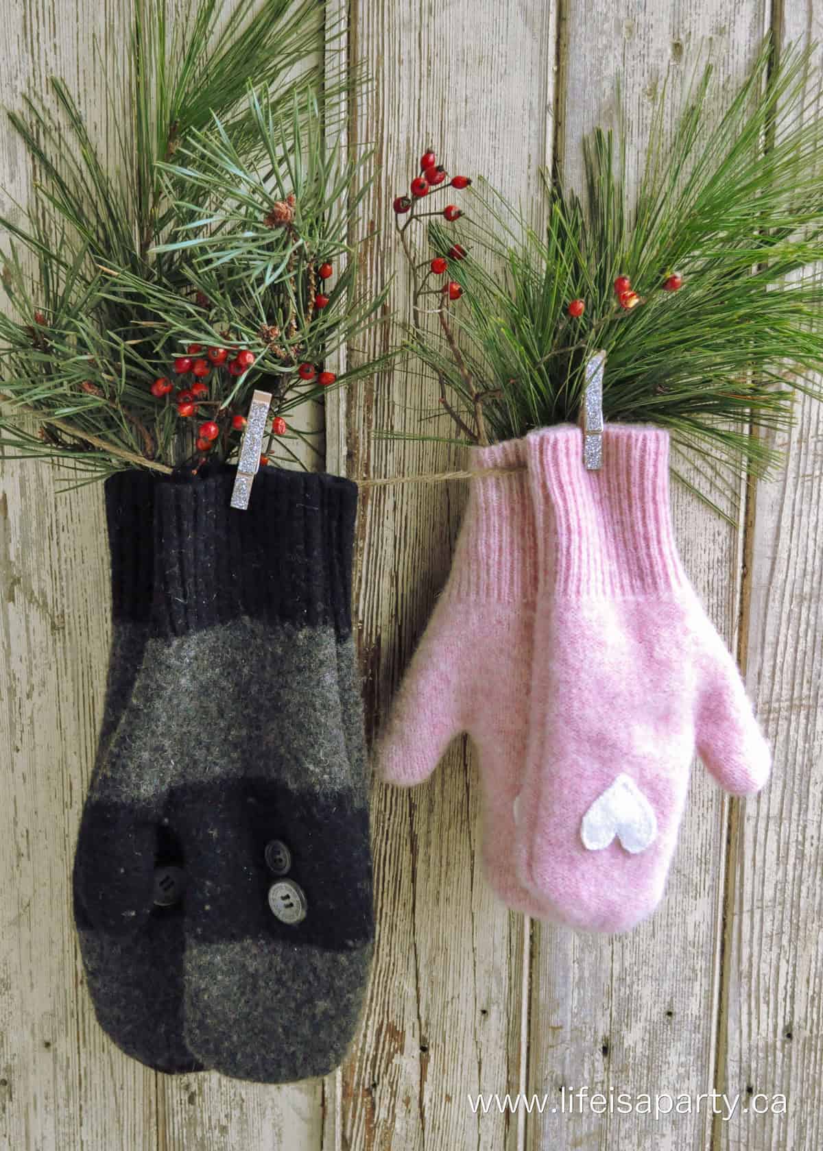 Homemade sweater mittens.