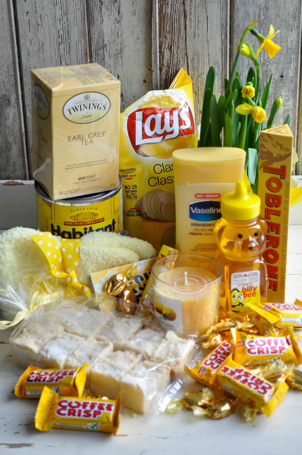 Bag of sunshine yellow gift basket ideas.