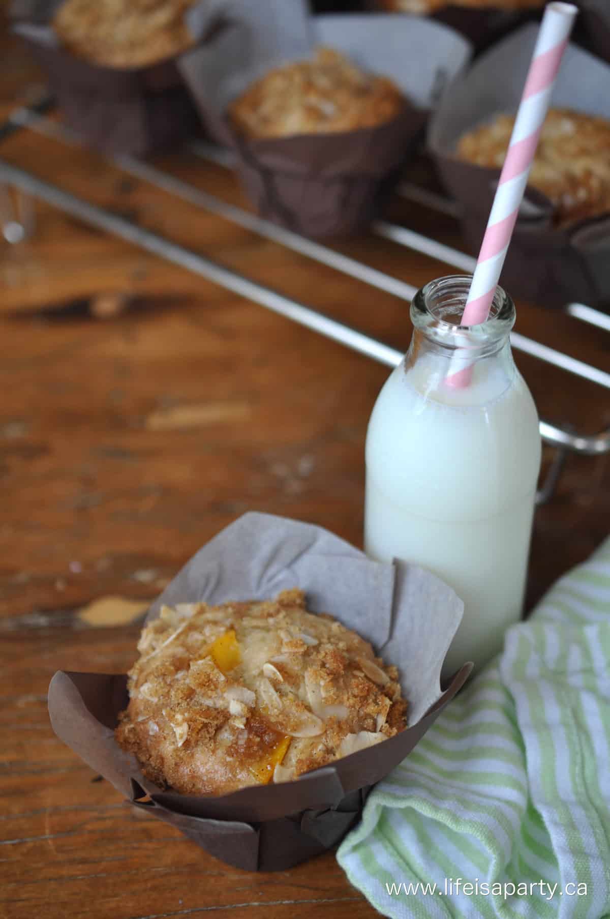 Homemade peach muffins with strudel topping.