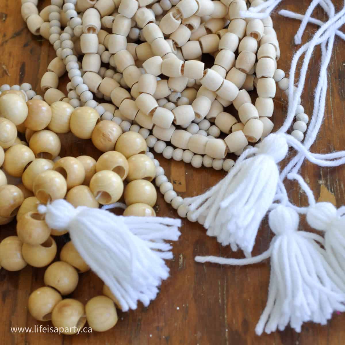 DIY wooden bead strands and tassels.