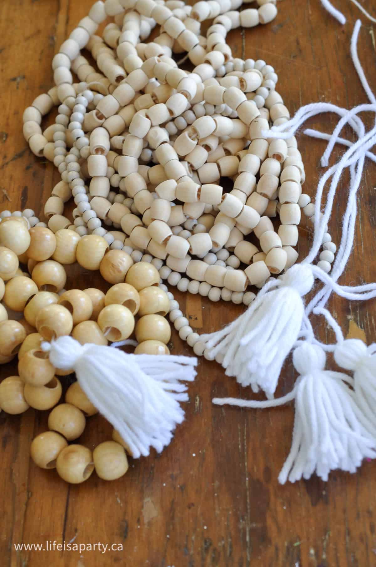 DIY Wood bead strands and yarn tassels.