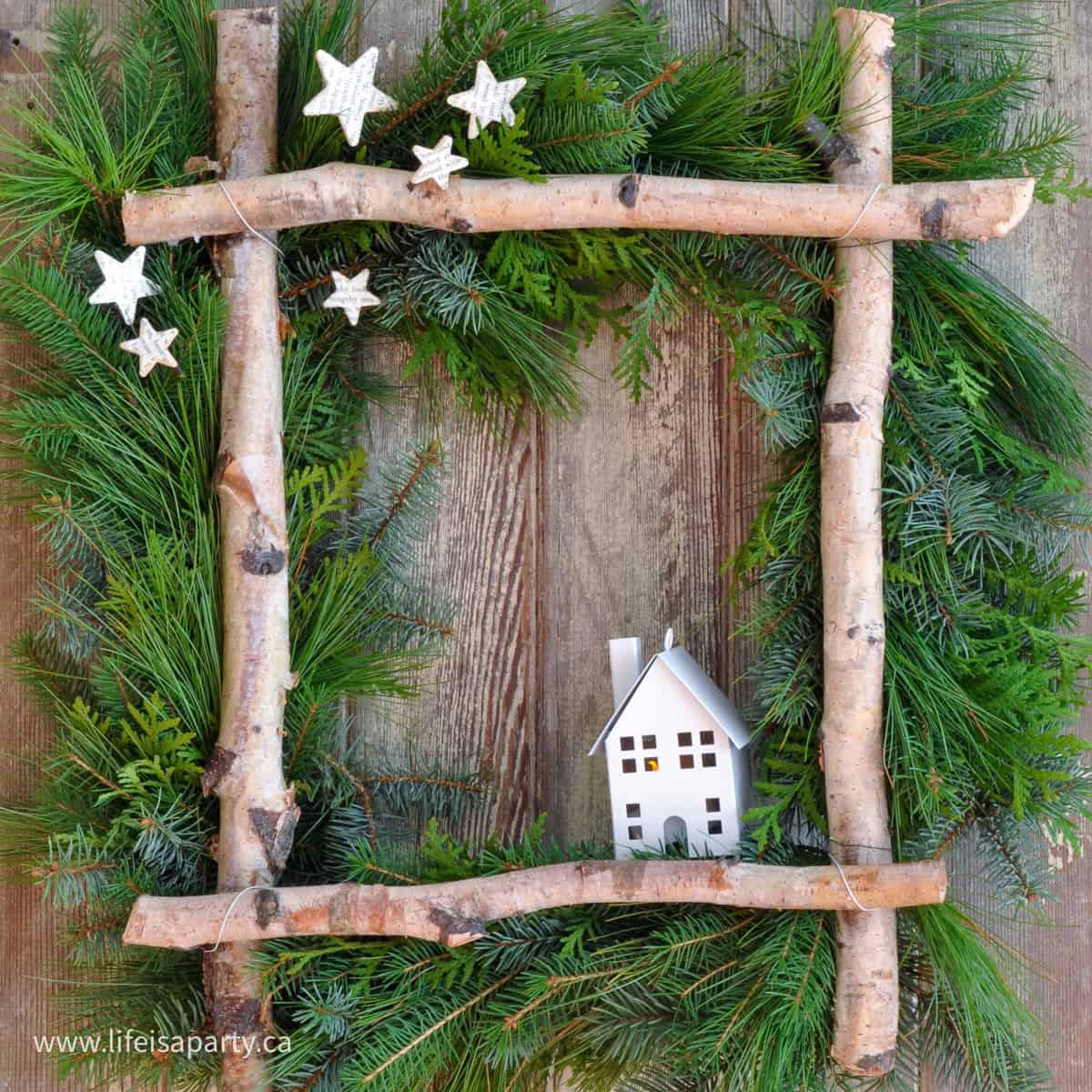 DIY square birch Christmas wreath.