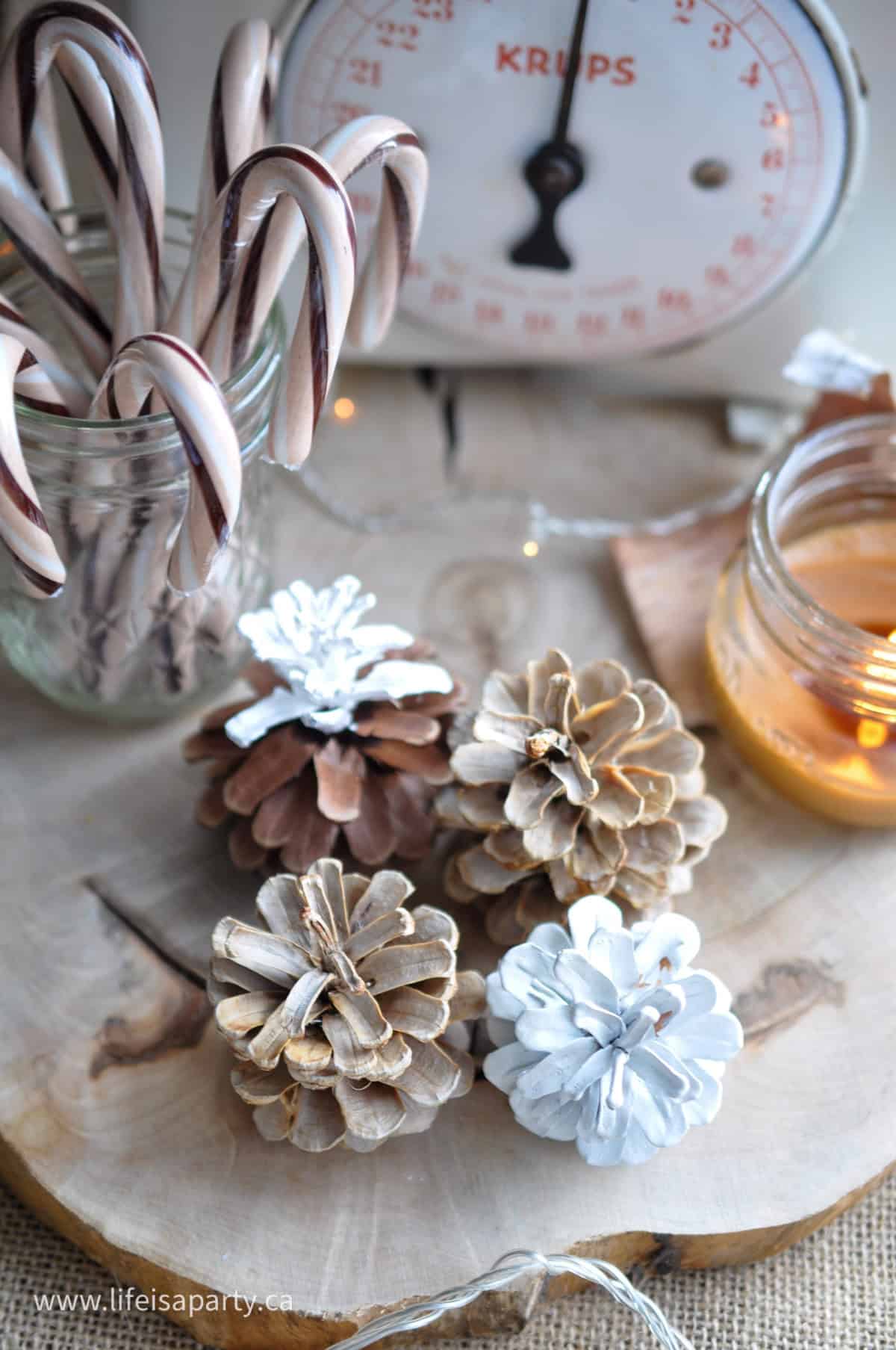 DIY bleached and scented pinecones.