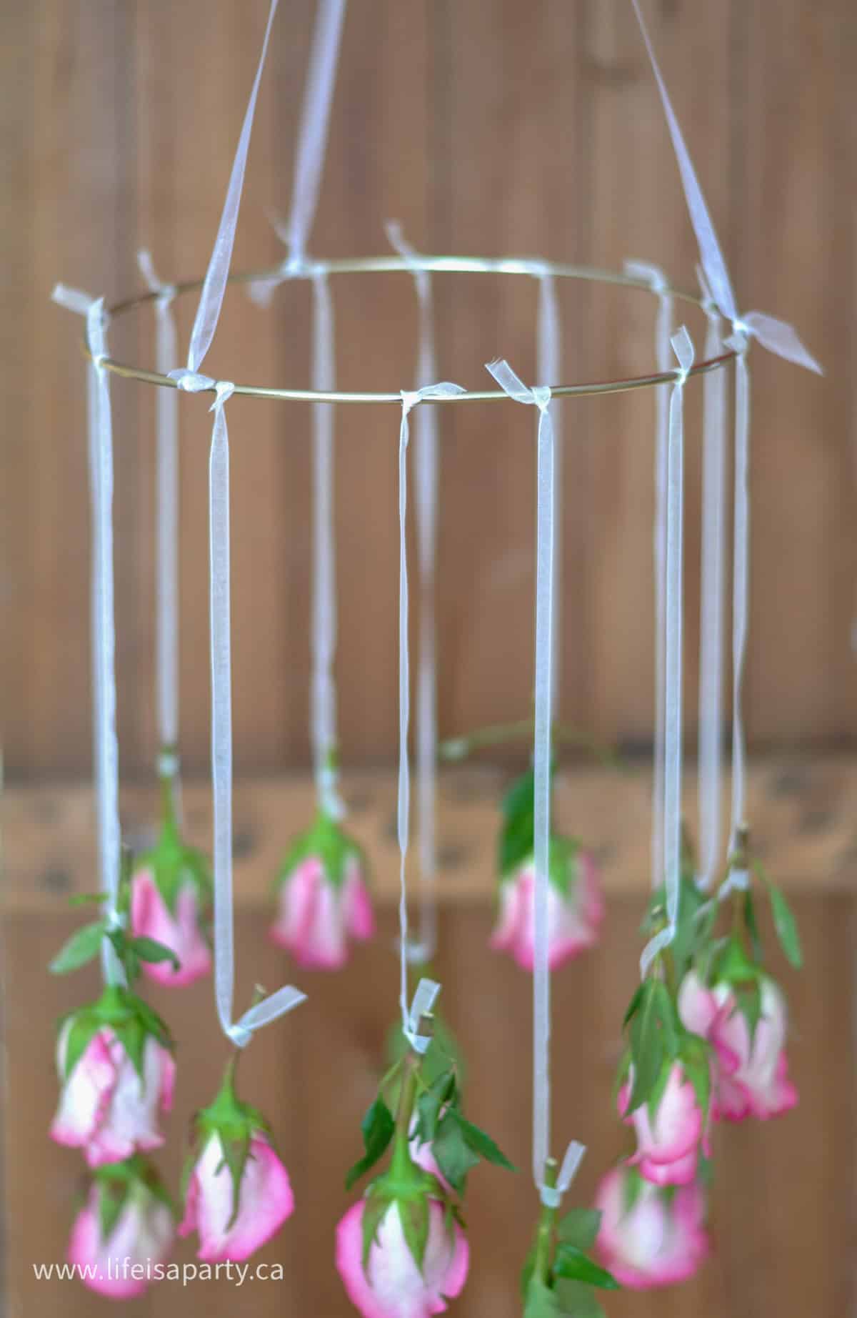 DIY fresh flower chandelier.