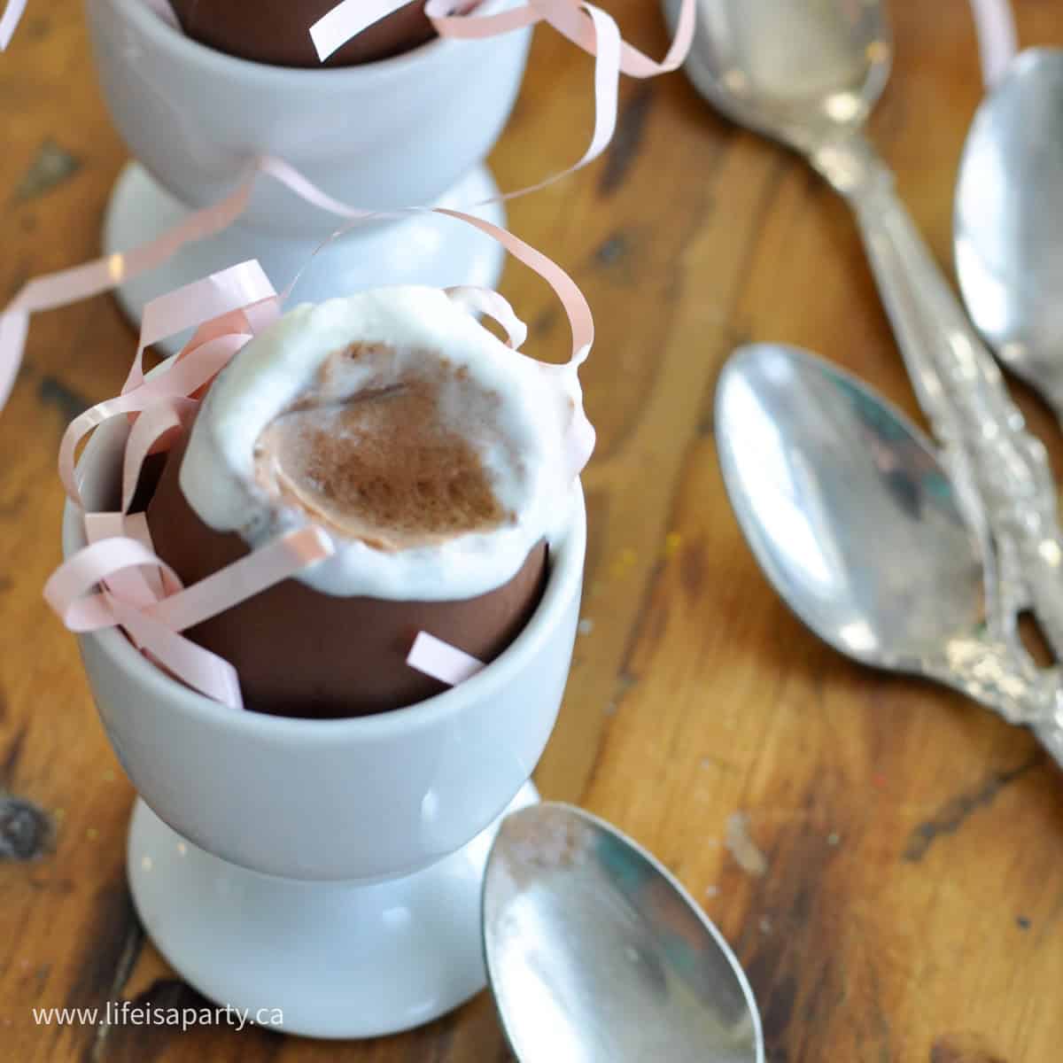 Chocolate mousse filled Easter egg dessert.