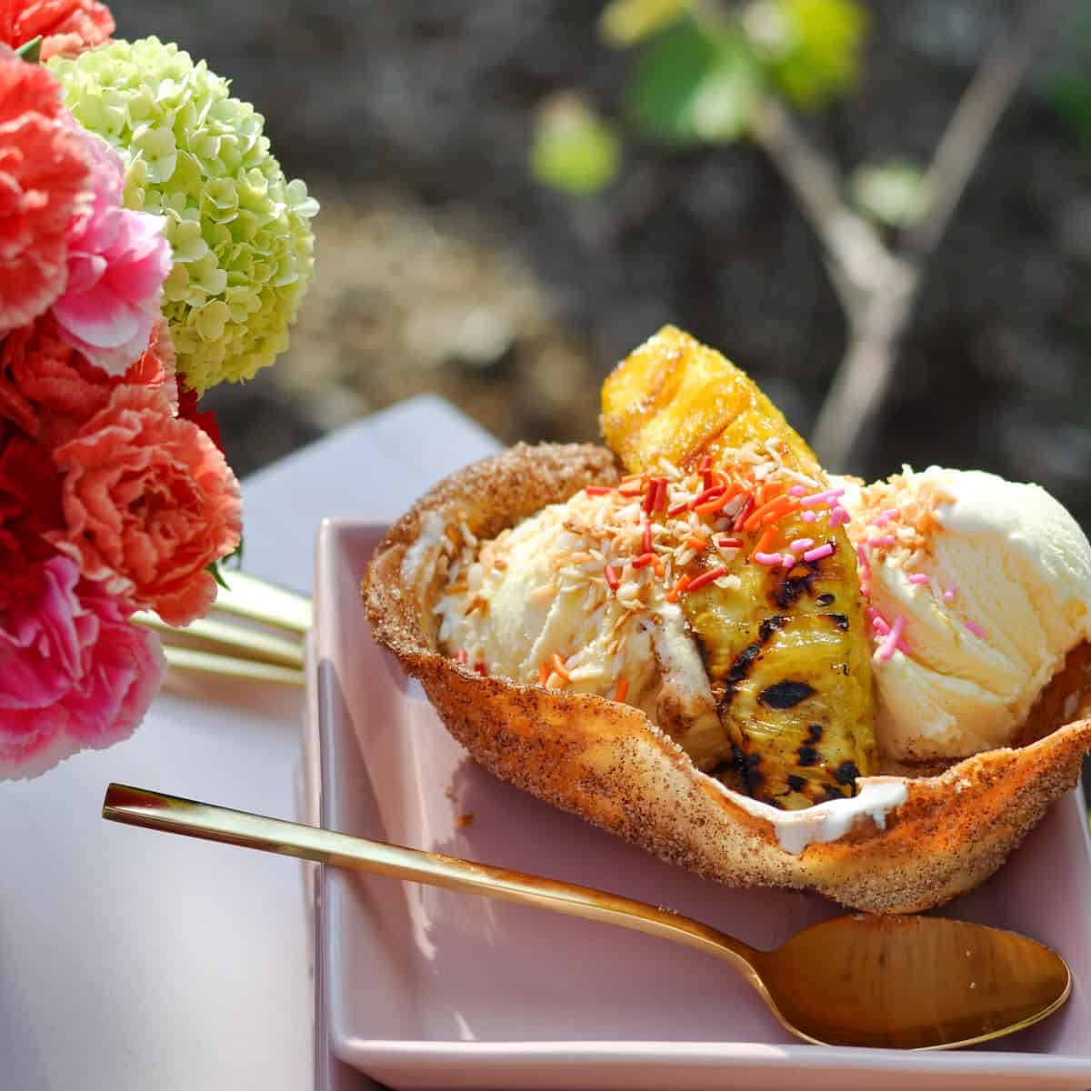 Cinnamon sugar tortilla bowls and grilled pineapple sundaes.