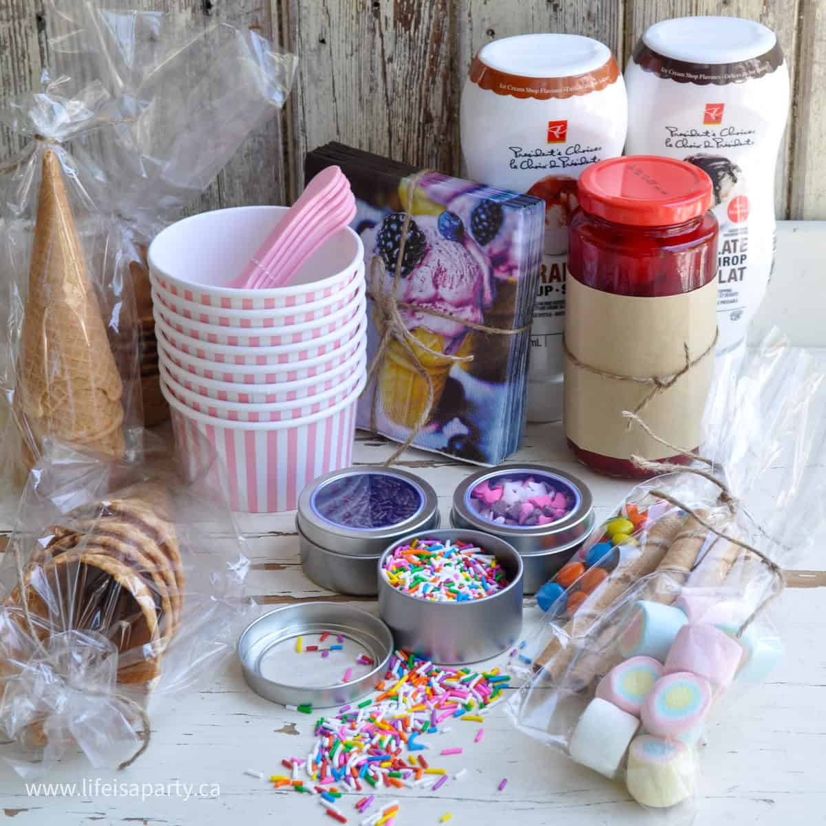 Ice cream sundae making kit gift basket.