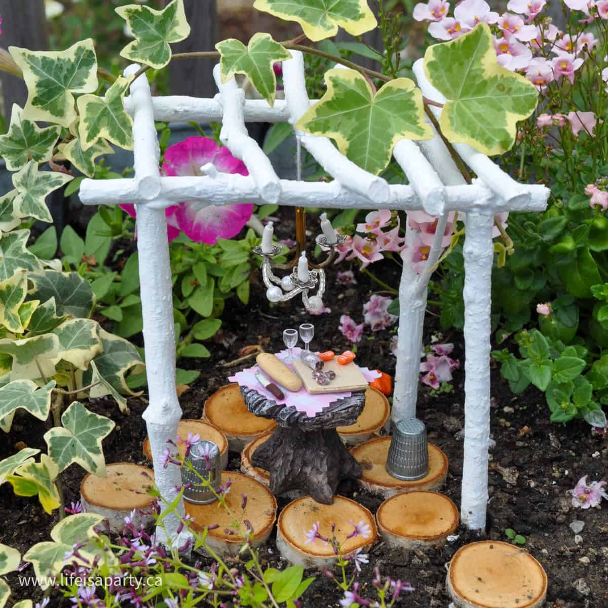 DIY miniature fairy garden pergola.