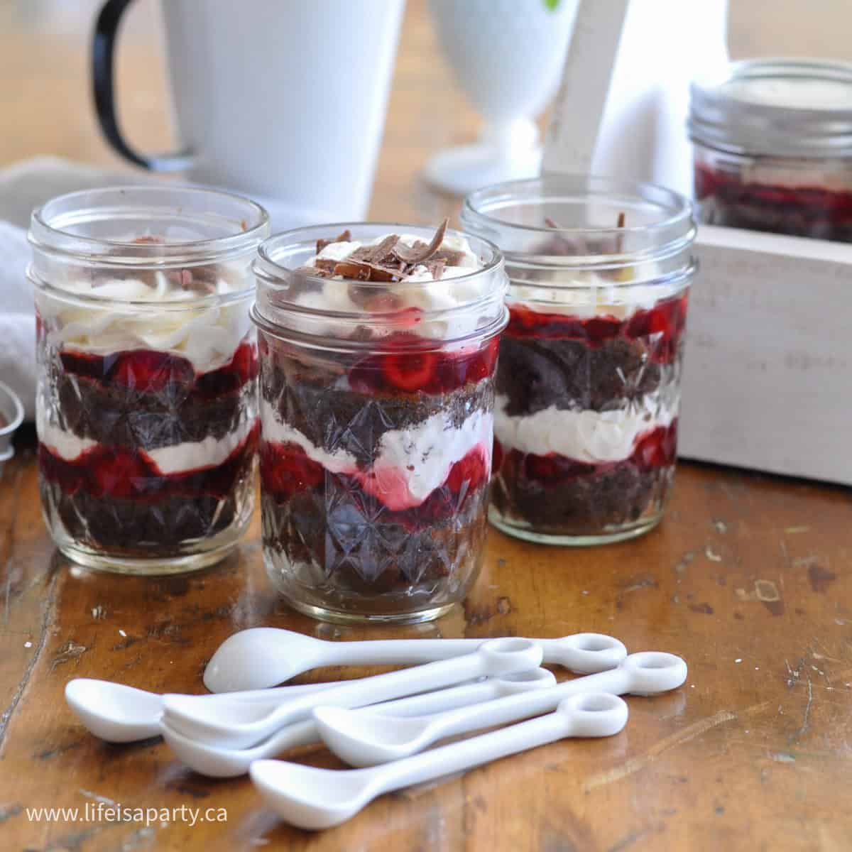 Black Forest cake in a mason jar.