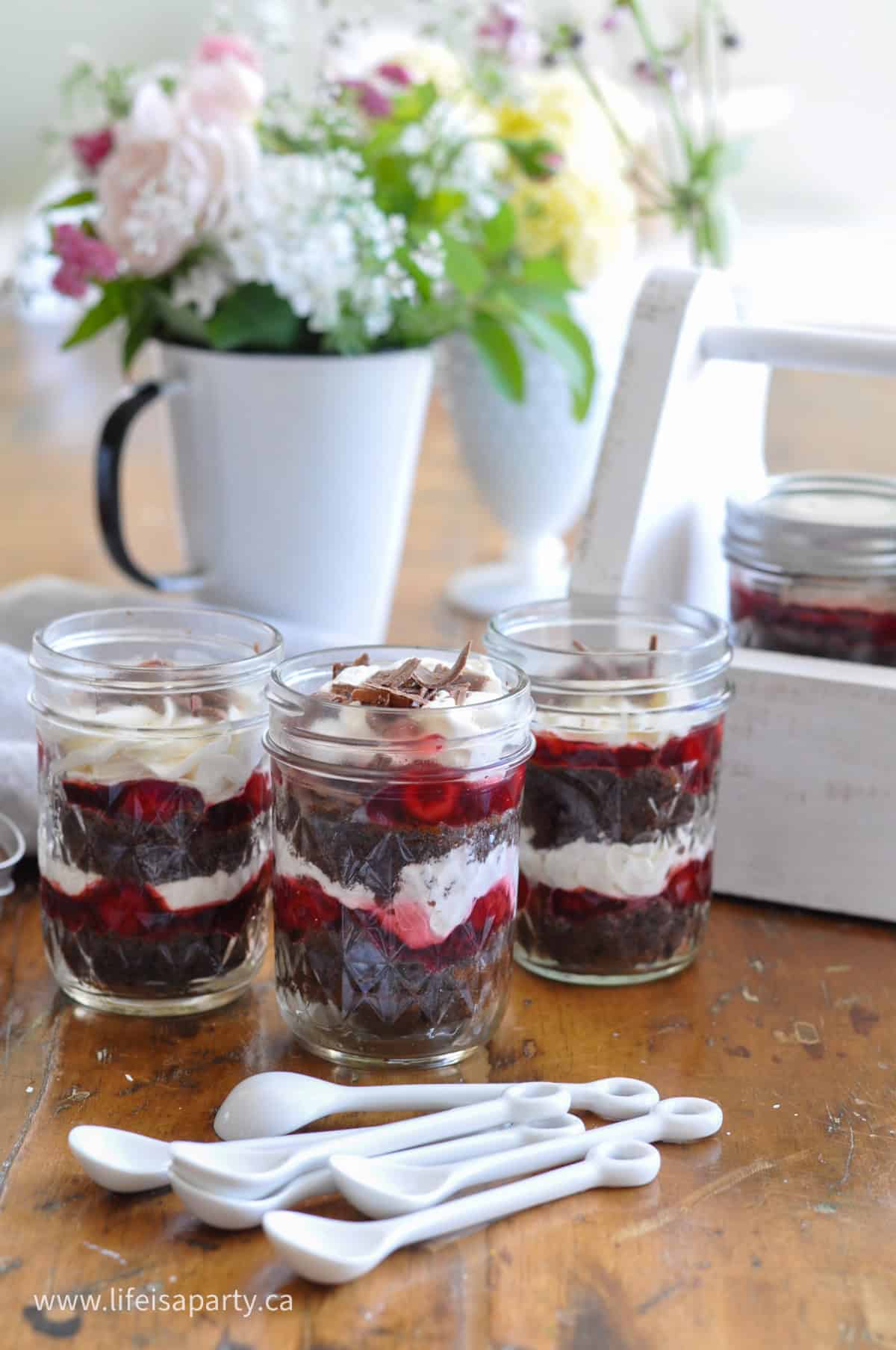 Black Forest cake in a mason jar.