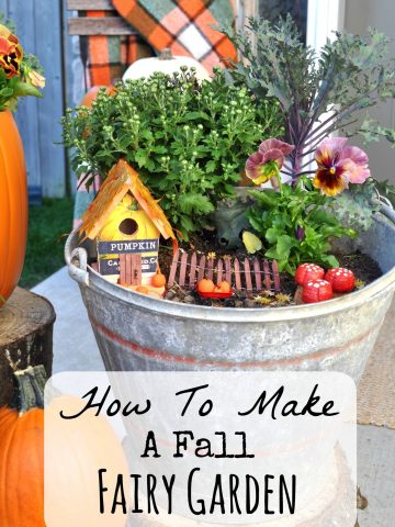 Fall Fairy Garden: How to make a sweet little Fall themed Fairy Garden with an easy to make fairy house, mushrooms, pumpkins, and miniature fall leaves tutorial.