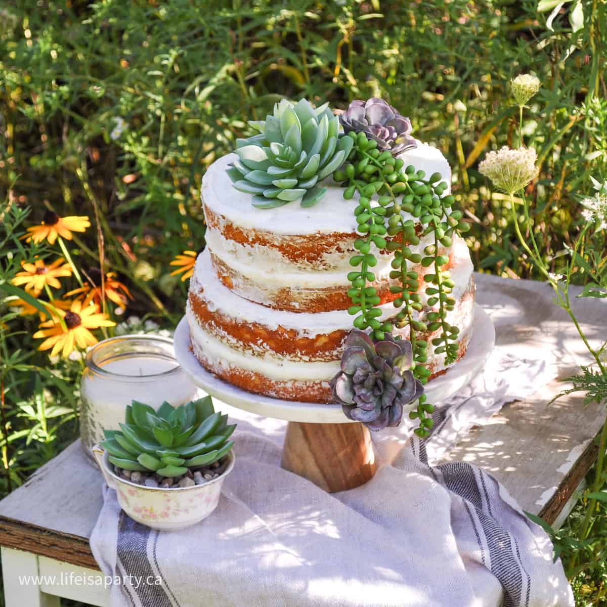 Naked cake decorated with succulents.