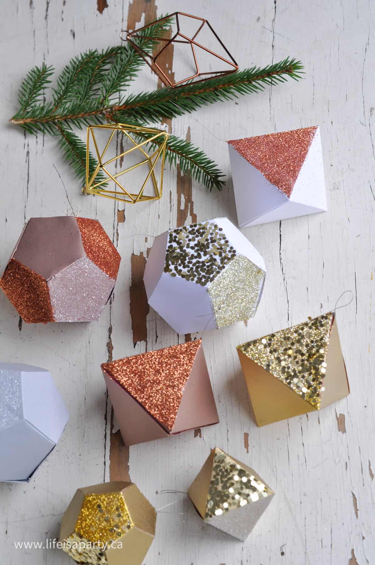 Paper geometric Christmas ornaments.