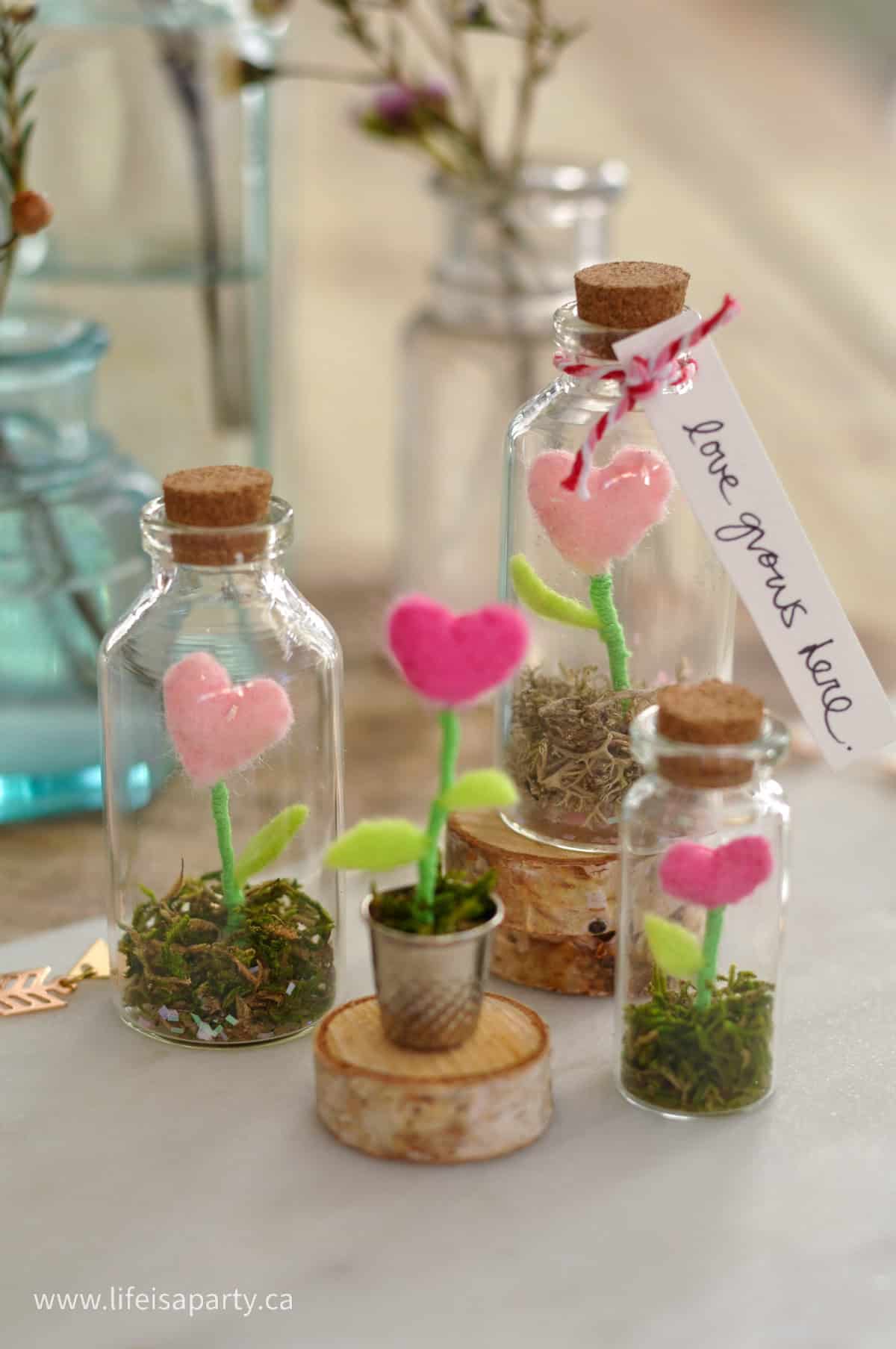 Mini hearts in a bottle craft.