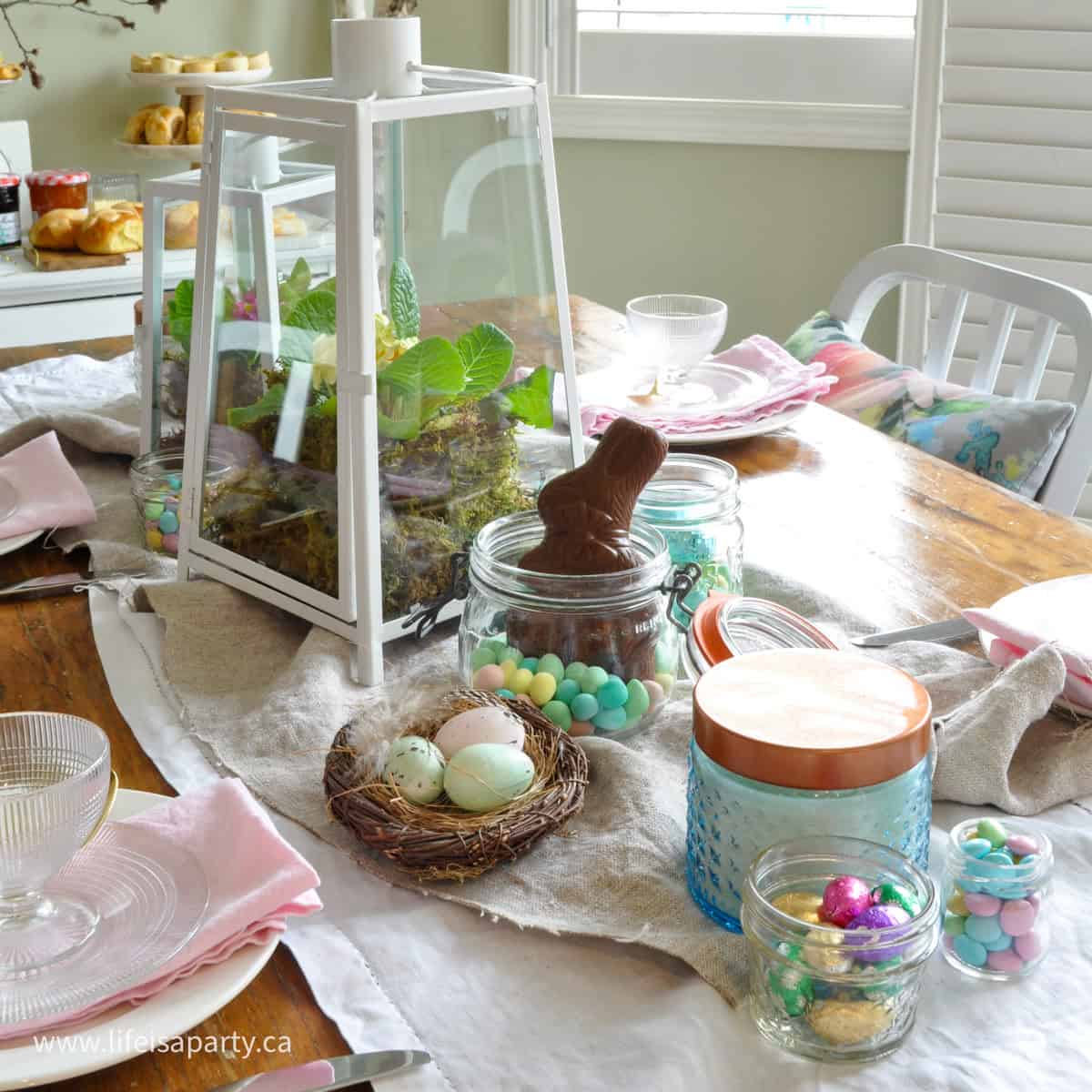 Easter finger foods brunch with decor and menu.