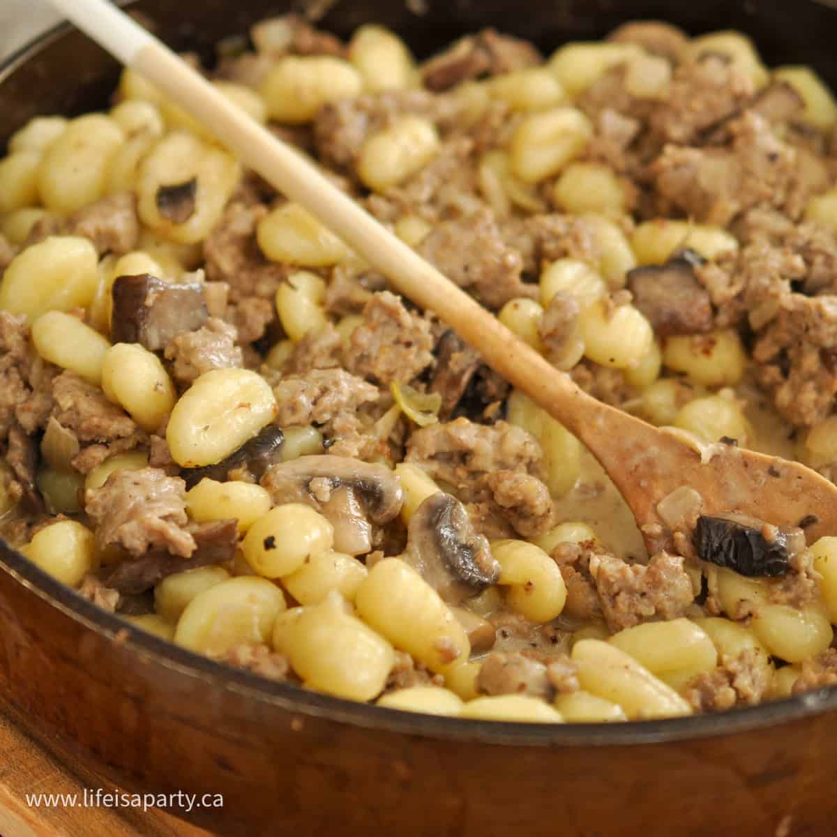 Gnocchi with mushrooms and Italian sausage.