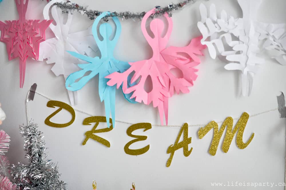 Nutcracker themed party decorations DIY paper snowflake ballerinas.