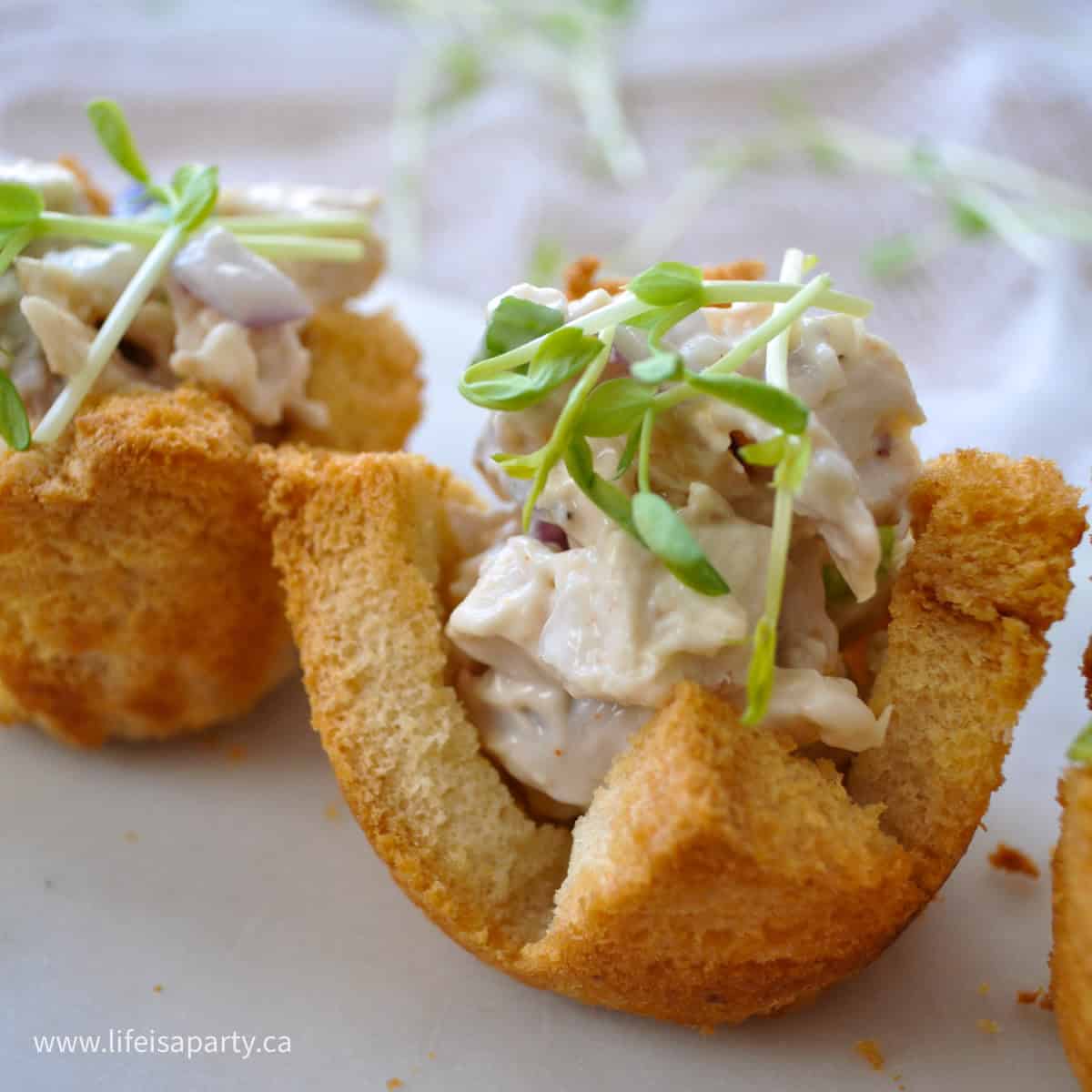 Chicken salad in a toast cup.