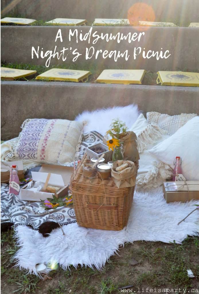 Midsummer Night's Dream Picnic: An individual boxed picnic to enjoy Shakespeare in the park, whimsical flower masks, and perfect boho picnic decor.