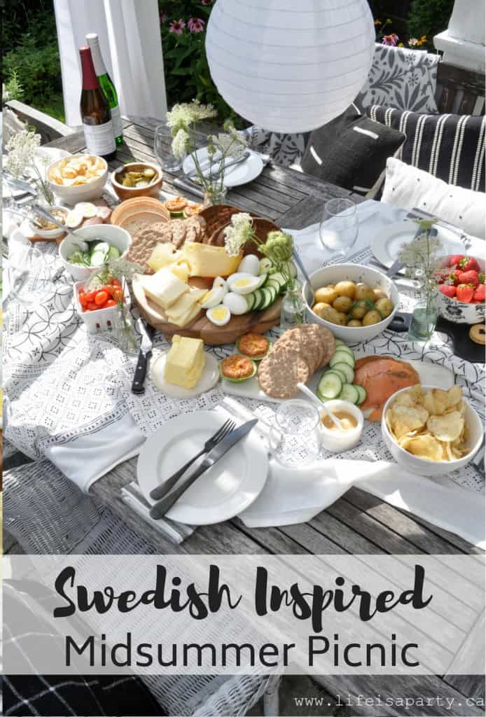 Swedish Inspired Midsummer Picnic:  Enjoy drinks, smorgasbord, and dessert all inspired by a traditional Swedish Midsummer menu.  Easy to create at home, and so delicious!