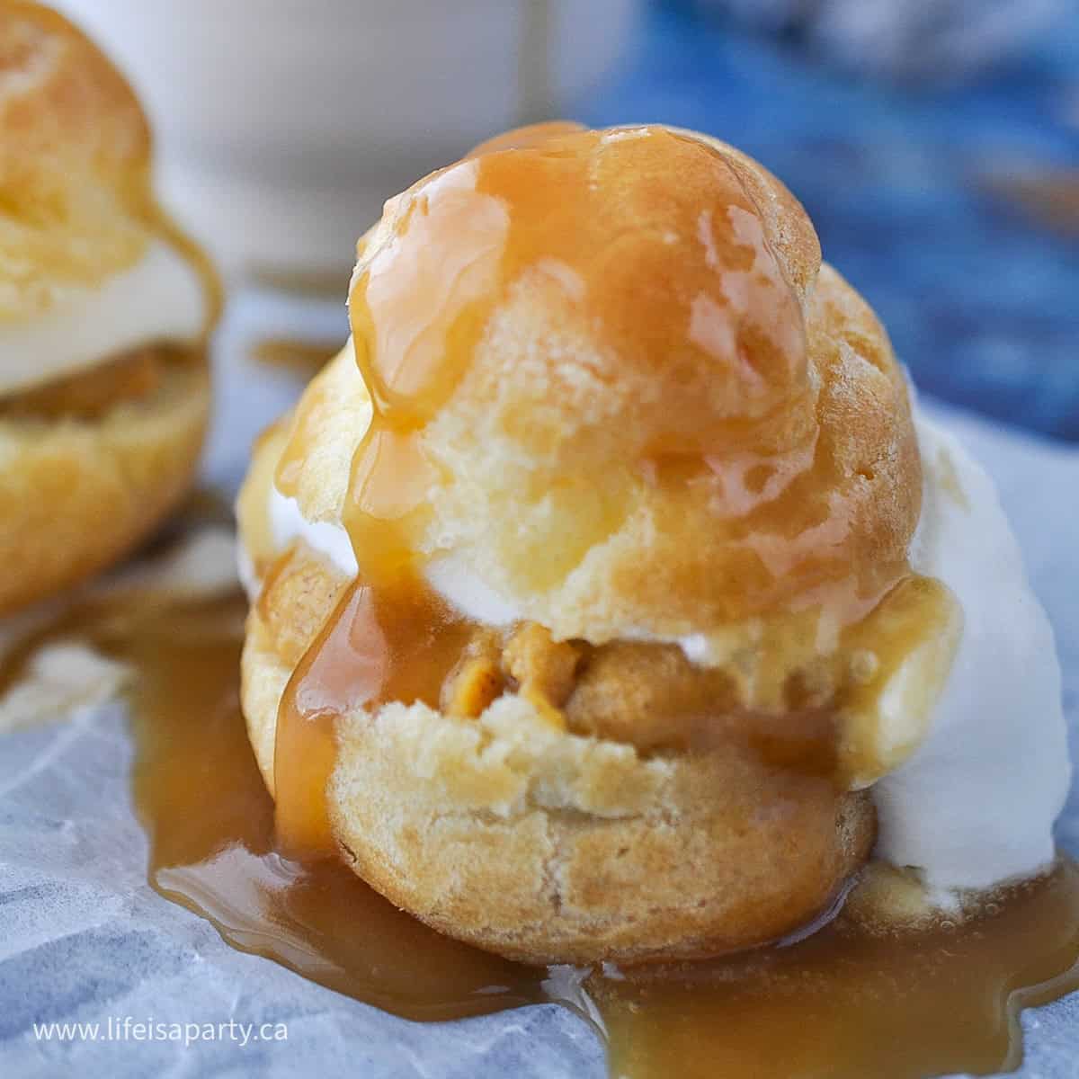 How to make pumpkin cream puffs with pumpkin filling and caramel sauce.