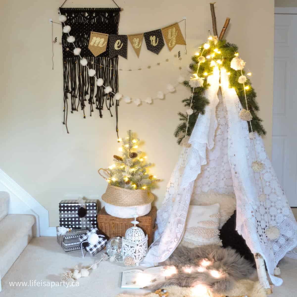 DIY boho reading tent for Christmas.