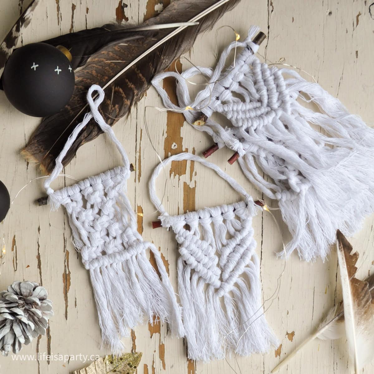 DIY mini macrame Christmas ornaments.