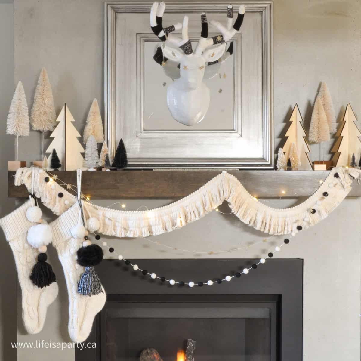 Boho Christmas fire place mantel black and white.