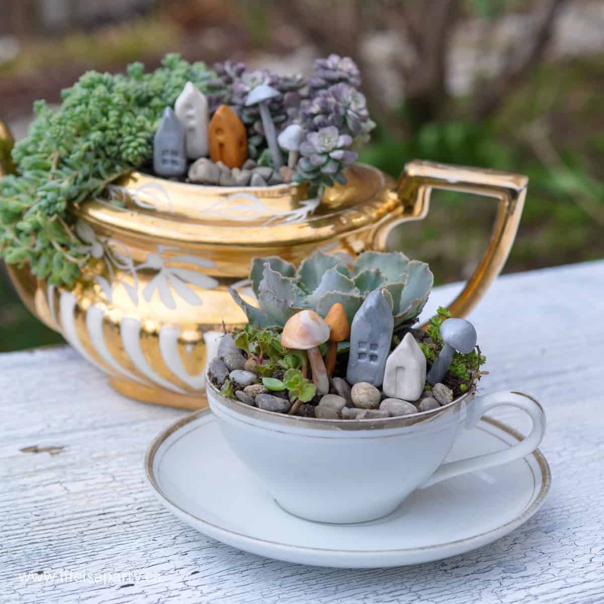 Teacup and teapot fairy village garden.