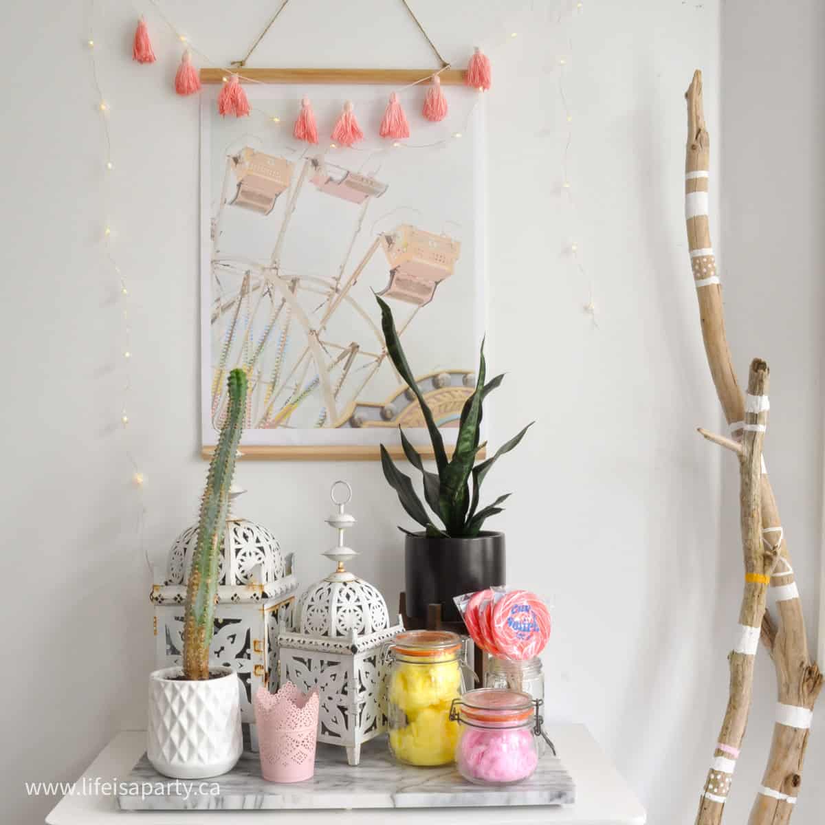 Summer home tour pink and yellow decor.