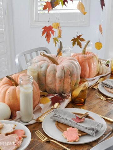 Fall leaf themed thanksgiving tablescape.