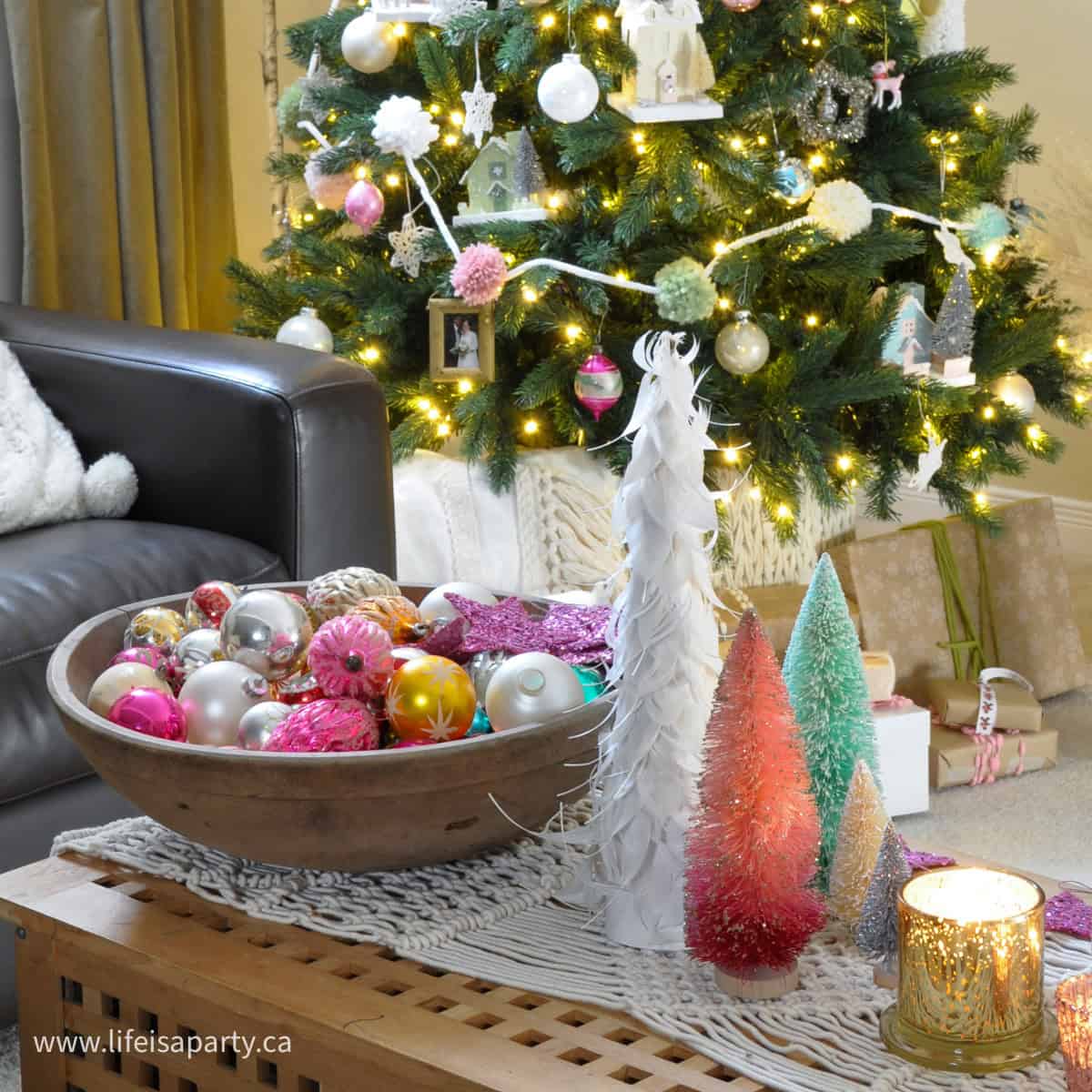 Pastel Christmas Living Room: Inspired by Anthropologie, with bottle brush Christmas trees, mercury glass, vintage ornaments, macrame, and pastel colours.