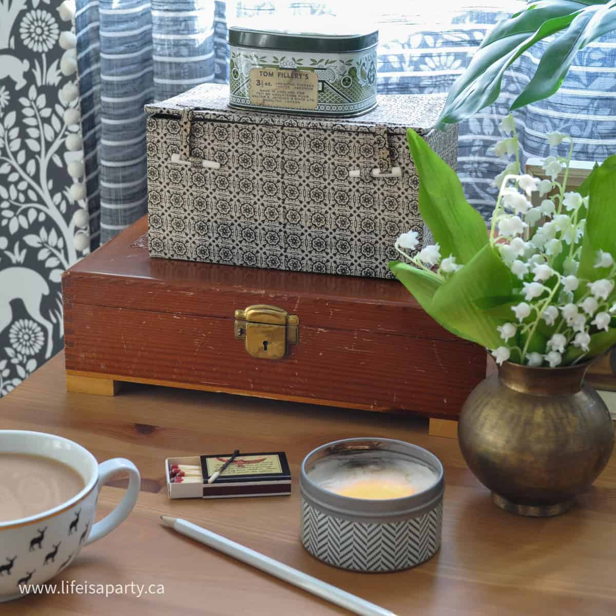 Desk organization ideas using thrifted containers.