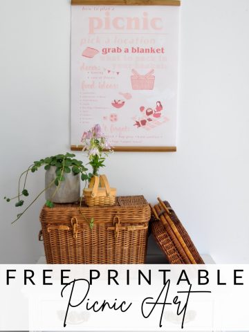 Free Picnic Art Printable: pink picnic art, perfect for your summer decor. Download and print as an 8 ½ x 11 or large 18 x 24 size.