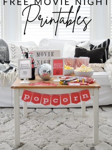 Free Movie Night Printables: free movie night ticket, popcorn banner, movie night snack and drinks signs, food labels, and cupcake pics.