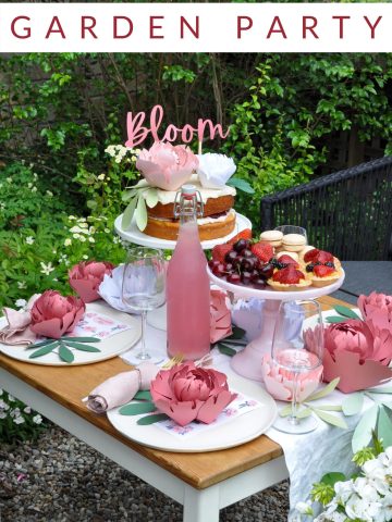 Garden Party: Easy DIY Cricut garden party decor, with custom stickers, paper flower peonies, and a DIY cake topper.