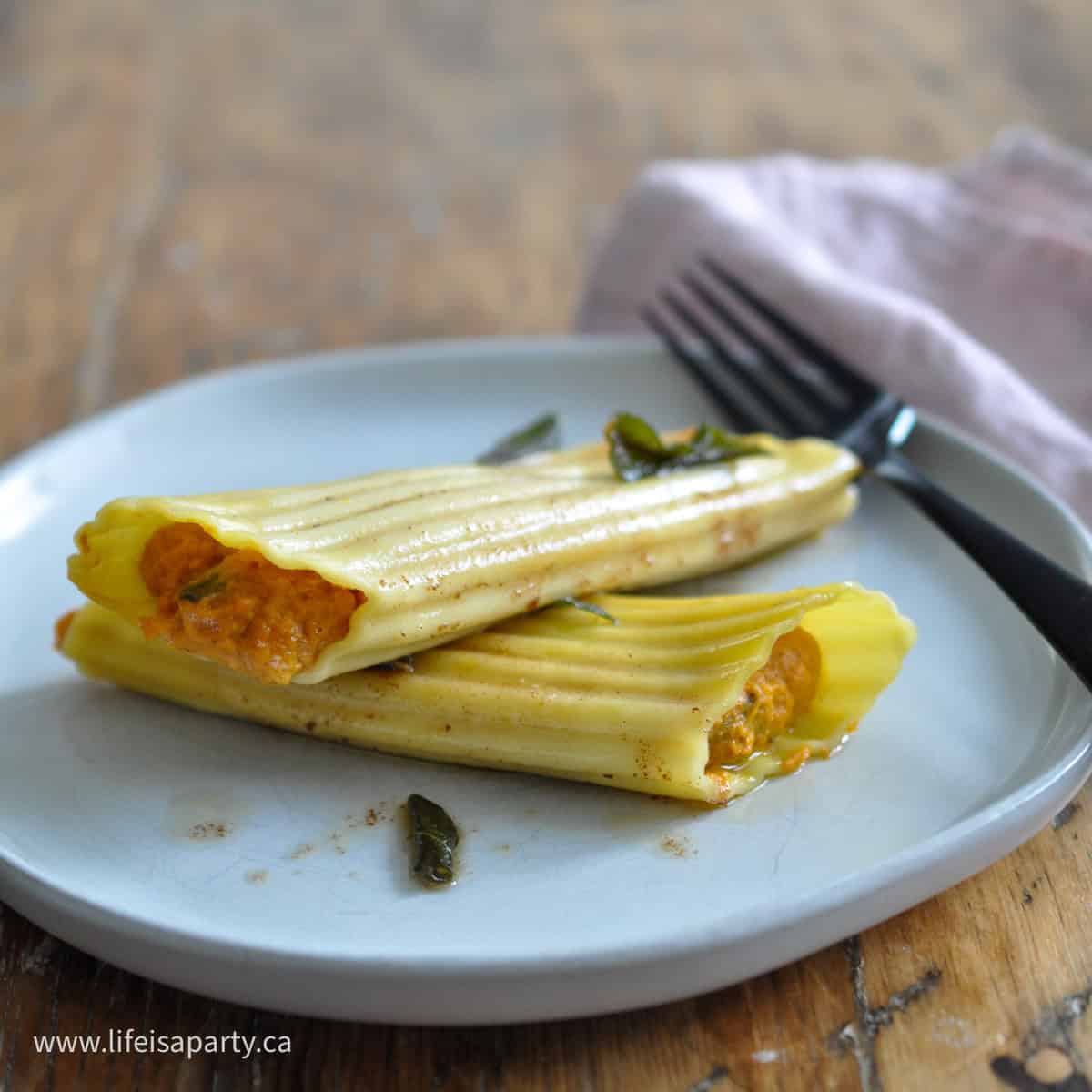 pumpkin manicotti with sage browned butter