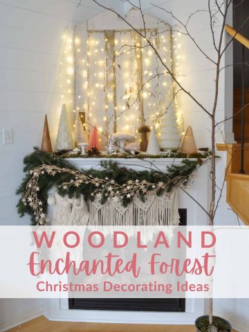 Woodland Enchanted Forest Christmas Decorating: mushrooms, pine cones, and mini Christmas trees create a rustic natural whimsical Christmas.