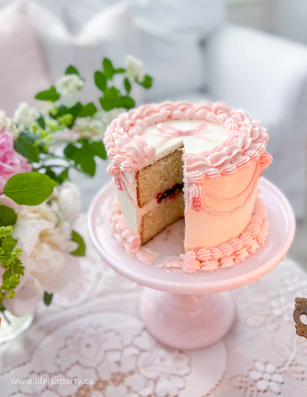 Bridgerton themed cake pink and white vintage style