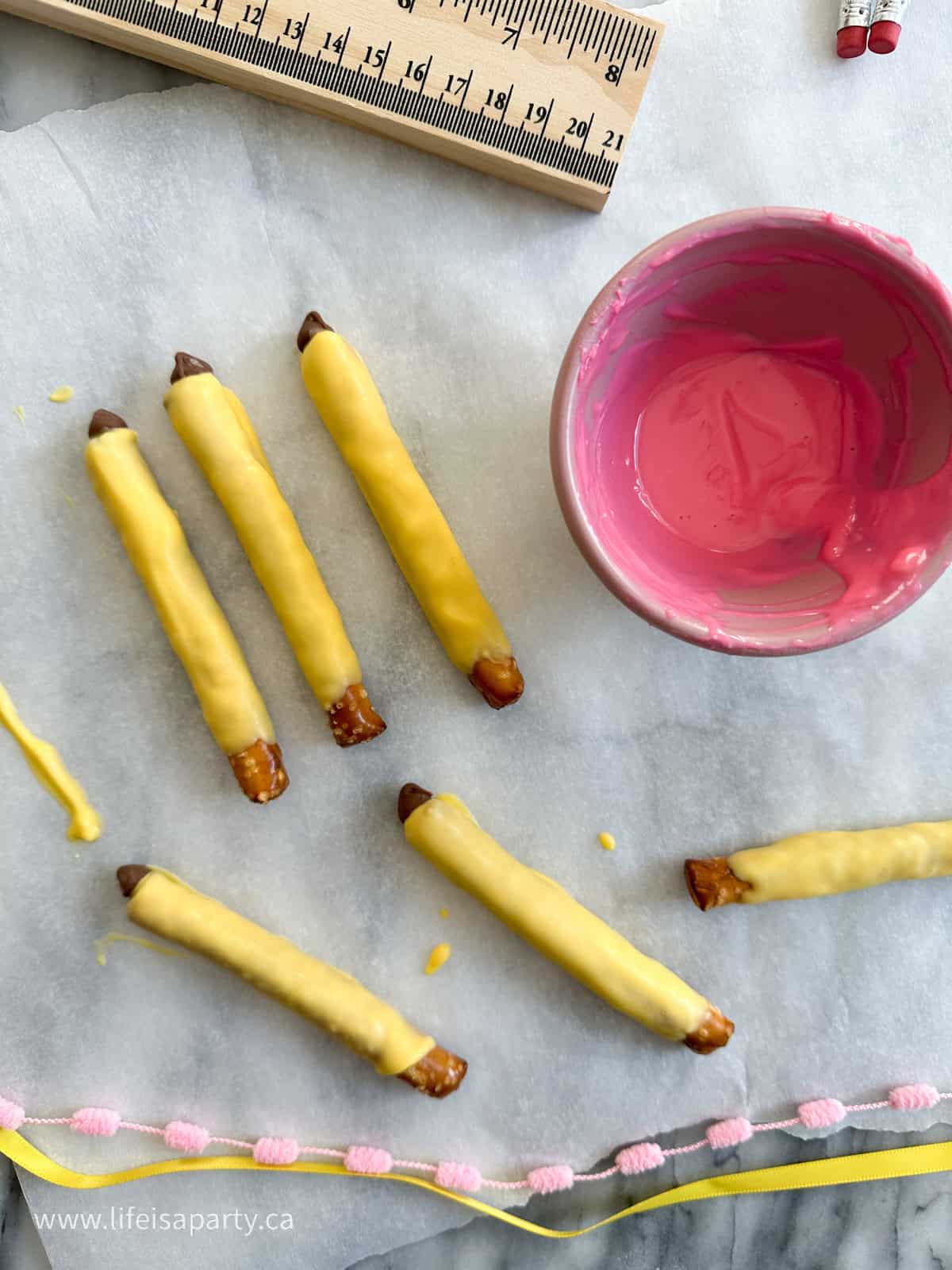 Chocolate pretzel pencils.