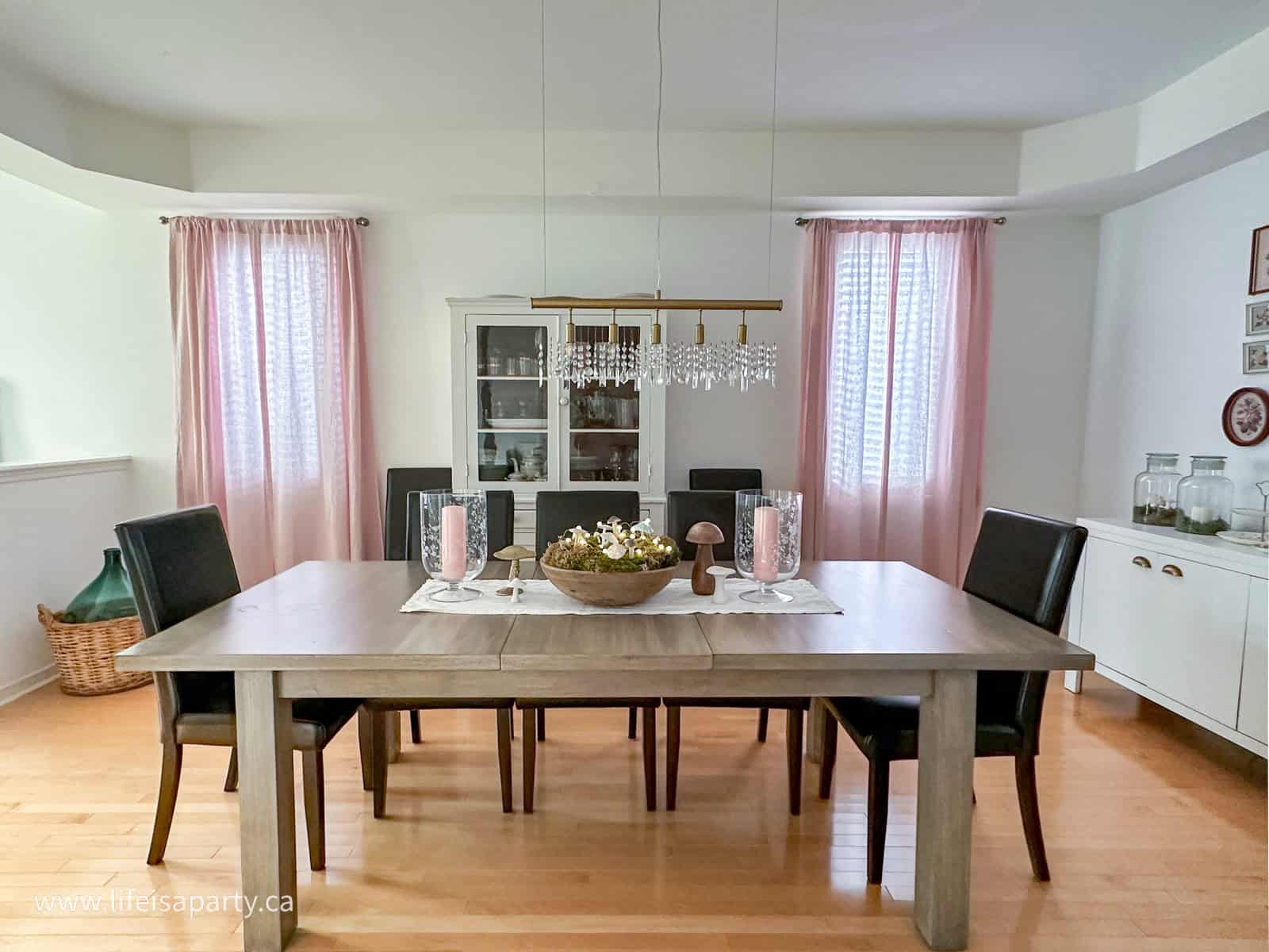 Pink linen curtains.